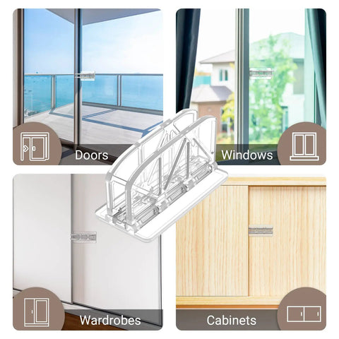 Two Pack Sliding Door Lock Kit For Child Safety And Home Security Sliding Glass Door Lock For Kids Window Locks Closet Door Latch Bar Stopper For Indoor Use Easy Install Kid Safe shown on doors, windows, wardrobes, and cabinets.