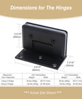 Heavy Duty 90 Degree Offset Shower Door Hinge, Wall Mount For Frameless Glass, brass matte black, dimensions shown