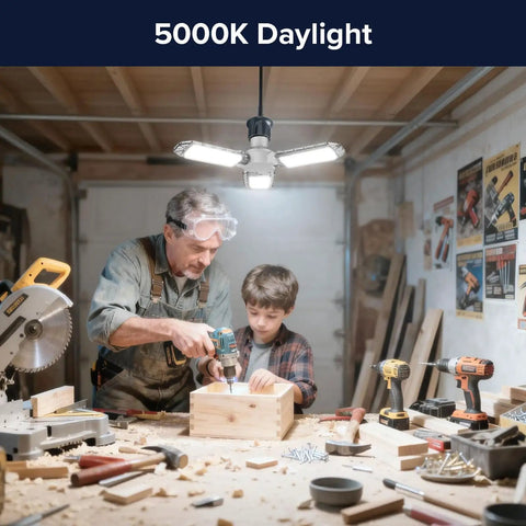 Three-Panel Deformable LED Garage Light With 3300 Lumens Of 5000K Daylight, 30W Power illuminating a workshop with two people working