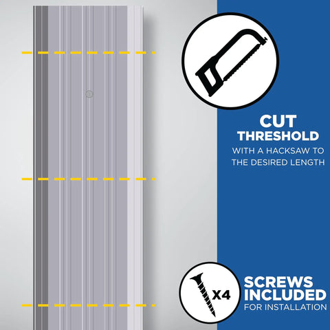 Heavy Duty Aluminum Commercial Door Threshold With Draft Protection And Easy Cut Install, hacksaw and screws shown