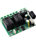 Wireless DC Motor Remote Control Switch 8V To 36V 433MHz 10A circuit board with relays and capacitors, top view.