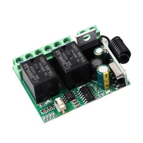 Wireless DC Motor Remote Control Switch 8V To 36V 433MHz 10A circuit board with relays and capacitors, top view.