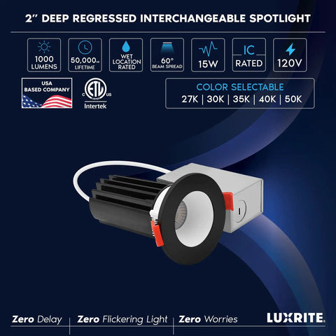 Top Shelf 2 Inch Led Recessed Lighting With Glare Blocking Deep Regressed Housing Swappable White And Black Trim Covers Versatile 5Cct 1000 Lumen Canless Spotlights Smooth Dimming Wet Rated Bulk 12 Pack Unit showcased with color selectable options and features.