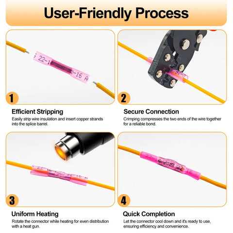 Steps to use 1500 Pack Heat Shrink Butt Connectors 16-14 AWG 22-16 AWG 12-10 AWG Waterproof Electrical Insulated Crimp Wire Splice Kit