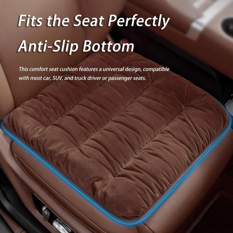 Premium Fuzzy Car Seat Cushion Set For Mini John Cooper Works Electric 2025 2026 warm brown cushion on car seat with anti-slip bottom.