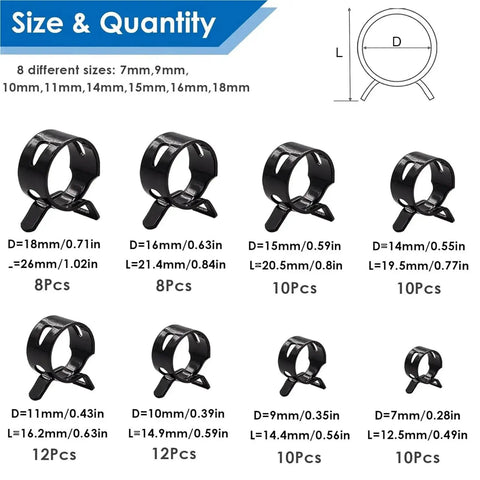 Grab This Ultimate 80 Pcs Spring Band Hose Clamp Assortment Kit For Your Smooth DIY Plumbing And Silicone Vacuum Setup. It Features Stepless Design That Snaps Right Onto Any Tubing Size. Perfect For Garage Pros And Homeowners Who Need A Solid Metal Grip. 80-piece steel spring hose clamp assortment, 7-18mm sizes