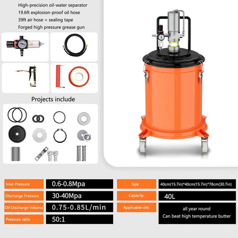 Beefed Up 5 Gallon Grease Pump Kit With 19ft Explosion Proof Tubing And High Temperature Grease Gun, orange drum, industrial use
