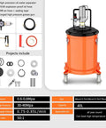 5 Gallon Grease Gun Kit with 19 Foot Explosion Proof Tubing for High Temperature Grease, orange drum, and accessories.