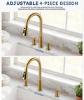 WOWOW 2 Handle Kitchen Faucet 4 Hole with Sprayer and Soap Dispenser showing adjustable design for 6 to 12 inch sink spacing.