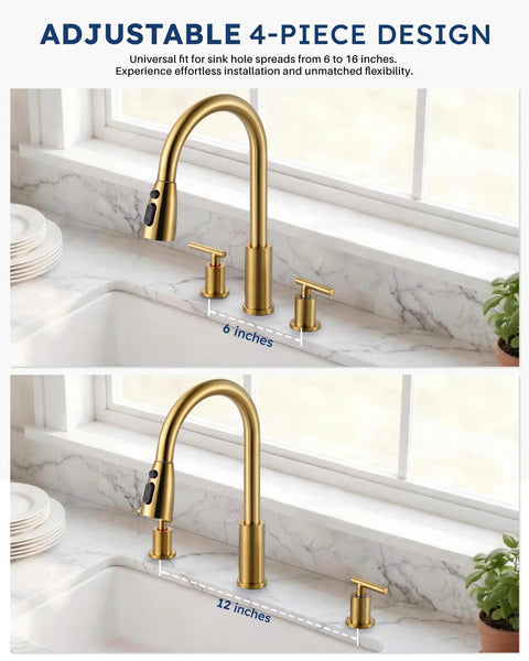WOWOW 2 Handle Kitchen Faucet 4 Hole with Sprayer and Soap Dispenser showing adjustable design for 6 to 12 inch sink spacing.