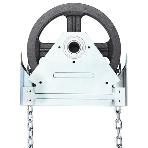 Front view of Garage Door Jackshaft Chain Hoist 1 To 1 Reduced Drive, 331 Lbs Capacity, with durable iron construction and chains.