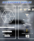 Dual Hex LED Garage Light Ceiling Fixture For Workshop And Gym 114W 14250LM 6500K Daylight White Pro Grade Build Honeycomb Hexagon Design Perfect For Garage Barbershop Office And Hobby Space accessories display showing connectors, power cords, expansion screws, and dimensions diagram.