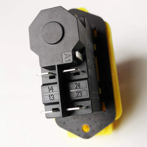 Waterproof Electromagnetic Push Button Switch With Emergency Stop Cover For Woodworking And Metalworking Machines 120V Or 220V 2HP 5 Pins Safety Push Button Switch For Saws Lathes CNC And Belt Sanders, rear view of 5-pin connection.