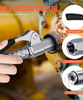 Pro Grade All In One 8 Piece Grease Gun Accessory Kit with Quick Release Coupler in use on machinery, showing coupler and features.
