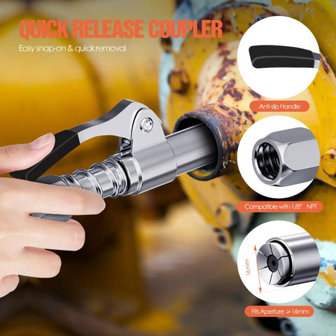 Pro Grade All In One 8 Piece Grease Gun Accessory Kit with Quick Release Coupler in use on machinery, showing coupler and features.