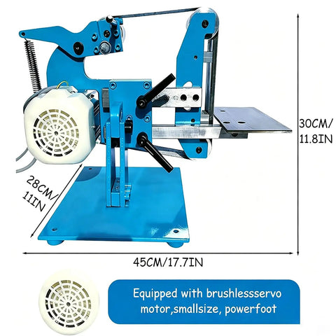 Heavy Duty 1100W Brushless Grinder And Polisher Belt Sander With Adjustable Speed Control Up To 5000 Rpm side view of blue sander with motor.