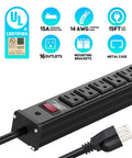 Workhorse 16 Outlet Heavy Duty Metal Power Strip With 15 Foot Cord For Office And School Use 15 Amps 1875 Watts UL Listed