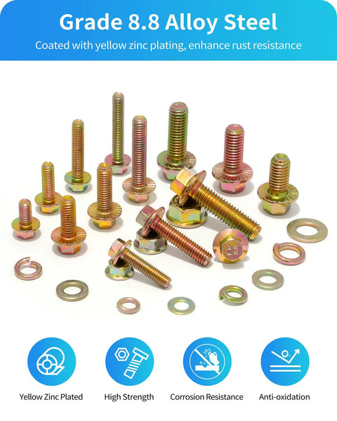 All Purpose Grade Eight Point Eight Flange Bolts And Nuts Set M5 M6 M8 With Yellow Zinc Plating displayed on white background
