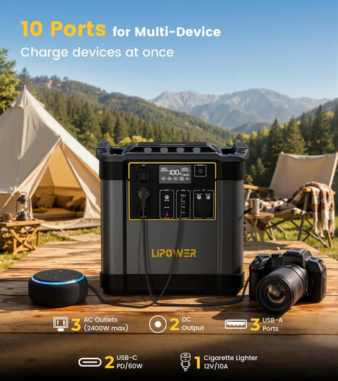 Top Shelf Portable Power Station And Solar Generator Bundle With 2150Wh LiFePO4 Battery Plus 200W Solar Panel for charging multiple devices outdoors.