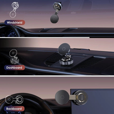 Different views of Heavy Duty Car Phone Holder Magnetic Mount With 360 Degree Rotation And Beefed Up Vacuum Suction For MagSafe Phones