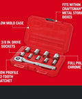 Pro Mechanics Tool Set Featuring A Badass Low Profile Ratchet With 72 Teeth And 6 Point Chrome Sockets Built For Crushing Tough Jobs In Tight Spaces Pumping Massive Torque Backed By A Lifetime Warranty Metric Drive Pieces in blow mold case with chrome sockets.