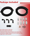 Easy Install Universal Power Steering Pump Hose Kit Return To Reservoir Hose Kit Compatible With GM LS Swap LS1 LS3 High Temp Durable Nylon Fiber Woven Cover With Stainless Steel Wire Mesh Sleeve Waterproof Wear Resistant, including hoses, fittings, and adapters displayed.