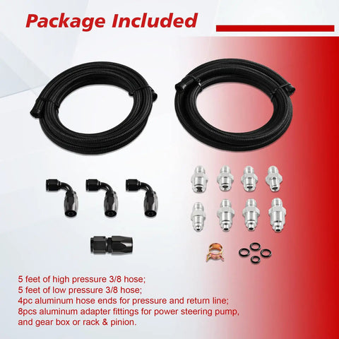 Easy Install Universal Power Steering Pump Hose Kit Return To Reservoir Hose Kit Compatible With GM LS Swap LS1 LS3 High Temp Durable Nylon Fiber Woven Cover With Stainless Steel Wire Mesh Sleeve Waterproof Wear Resistant, including hoses, fittings, and adapters displayed.