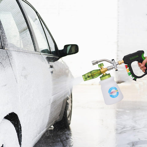 Car Wash Foam Cannon For Pressure Washer With Quarter Inch Quick Connect Dual Connector Shift Valve Built In Design Includes Five Nozzle Tips Works Up To 3000 PSI And 7 GPM Ideal For Deep Clean used on car