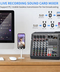 6 Channel DJ Audio Mixer With 99-Bit DSP Effects And 7 Band EQ, 48V Phantom Power, setup with computer and smartphone