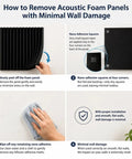 Instructions for removing 52 Pack Black Acoustic Foam Tiles With Bonus Double Sided Tape with minimal wall damage.