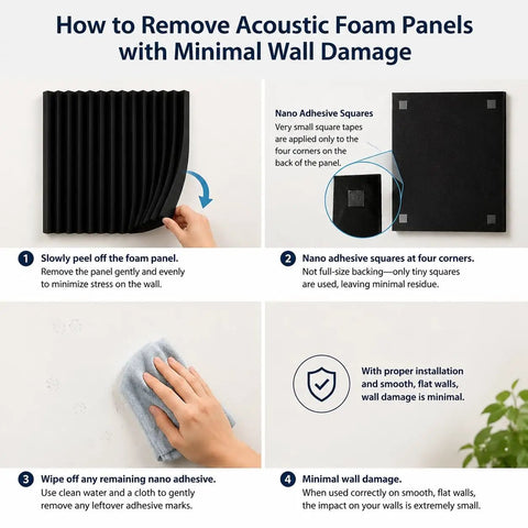 Instructions for removing 52 Pack Black Acoustic Foam Tiles With Bonus Double Sided Tape with minimal wall damage.