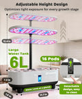 Vertical Hydroponics Growing System With 16 Pods, LED Grow Light, adjustable height design, gray 8L indoor garden.