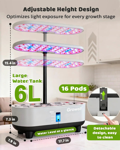 Vertical Hydroponics Growing System With 16 Pods, LED Grow Light, adjustable height design, gray 8L indoor garden.