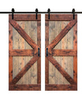 Solid Wood Double Sliding Barn Door Kit With Hardware Track 72 In Wide By 84 In High Two 36 Inch Panels In Walnut Brown Finish