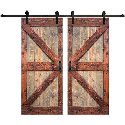 Solid Wood Double Sliding Barn Door Kit With Hardware Track 72 In Wide By 84 In High Two 36 Inch Panels In Walnut Brown Finish