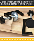 Four Piece Slick G Clamps For Woodworking Deliver Beast Grade Grip Heavy Duty Steel Build With Thickened Rubber Sleeves Smooth As Butter Action Reliable Diy Carpentry Project Gear, showcasing G type clamp on wood.