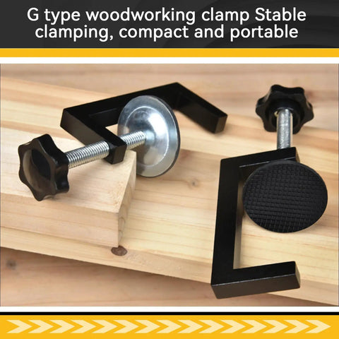 Four Piece Slick G Clamps For Woodworking Deliver Beast Grade Grip Heavy Duty Steel Build With Thickened Rubber Sleeves Smooth As Butter Action Reliable Diy Carpentry Project Gear, showcasing G type clamp on wood.