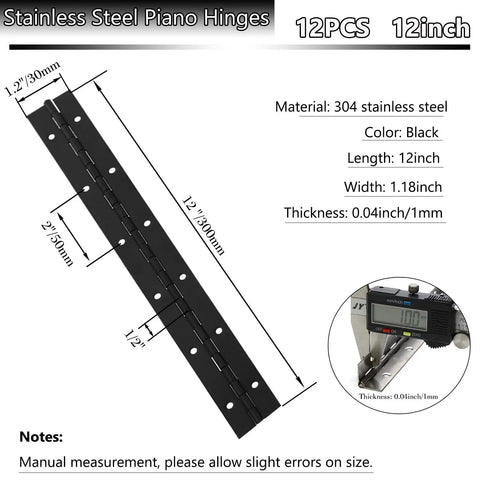 No Nonsense 12 Pack Piano Hinges Built Like A Tank With Rust Proof 304 Stainless Steel For Heavy Duty 12 Inch By 1.2 Inch Continuous Cabinet And Woodworking Projects, black 12 inch hinge with dimensions.