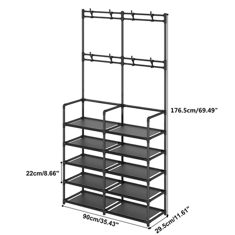 Five Tier Coat And Shoe Rack With Eight Hooks Double Row Organizer For Entryway And Living Spaces Keeps Shoes Hats Bags Neatly Organized In Black For Entryways Closets And Mudrooms Space Saver All In One, showing five-tier rack with measurements.