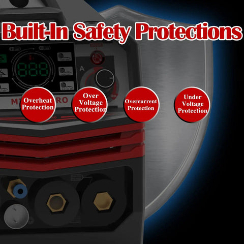 Close-up of Multiprocess Beast 150A MIG Welder With Pulse Dual Voltage 110 And 220V safety features highlighted