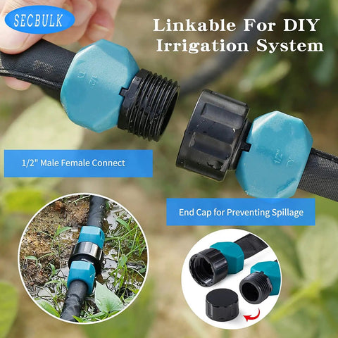 Flat Soaker Hose Kit 100 Ft For Garden Linkable Drip Hose For DIY Irrigation System showing connectors and end caps
