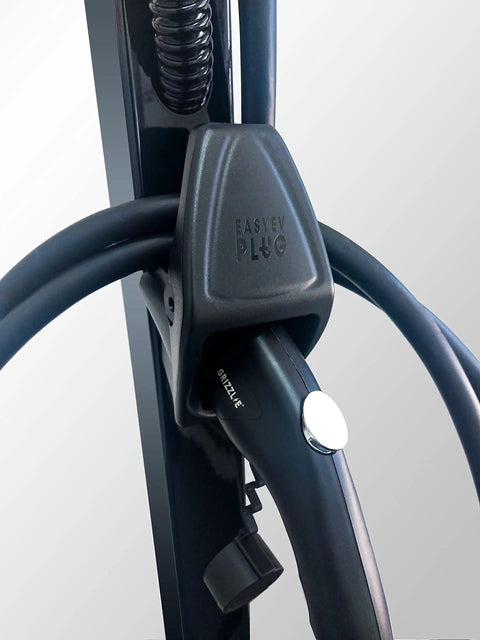 Badass Heavy Duty EV Charger Holster With Integrated Cable Management For J1772 Plug Station close-up view showing secure plug holder and cable management.