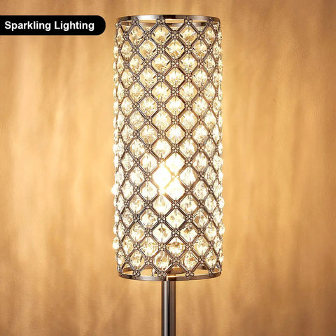 Lit Crystal Floor Lamp With Sparkling K9 Crystal Shade For Living Room Bedroom Dorm Office Or Hotel close-up on crystal shade