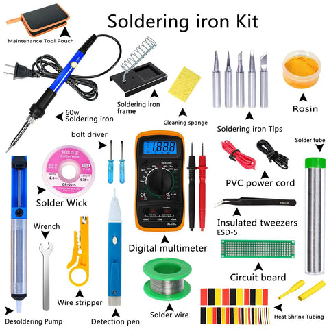 All In One Soldering Gear Kit With 60W Adjustable Temp And Digital Multimeter showing various components and tools.