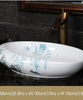 Slick White Ceramic Vessel Sink For Bathroom Vanity Top Hand Painted Counter Mount Basin, 58x33x10 cm with nature design.