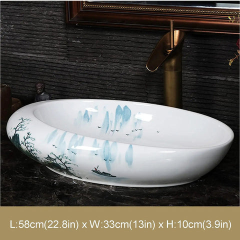 Slick White Ceramic Vessel Sink For Bathroom Vanity Top Hand Painted Counter Mount Basin, 58x33x10 cm with nature design.