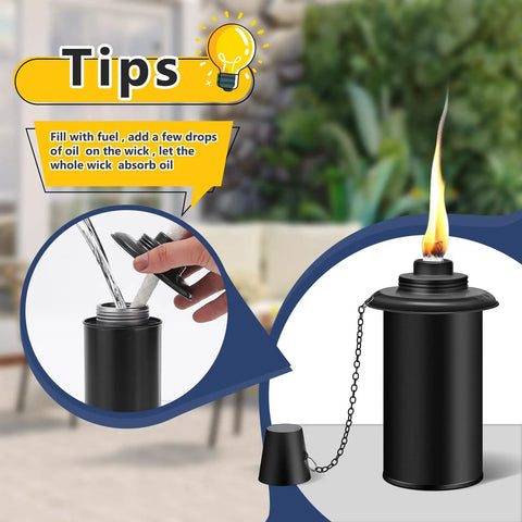 Six Pack Citronella Torch Replacement Canisters 16 Oz Refillable Torches With Wicks shown being refilled outdoors