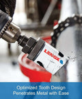 Lenox bi-metal hole saw with arbor, 3-1/8 inch diameter, mounted on a drill chuck