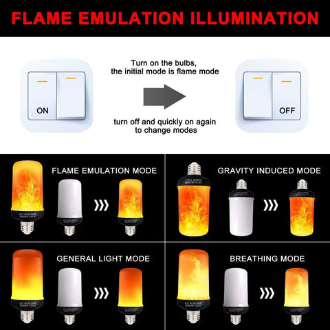 LED Flicker Flame Light Bulbs 4 Pack With Realistic Fire Flicker, E26 6W, showing four lighting modes and mode change instructions