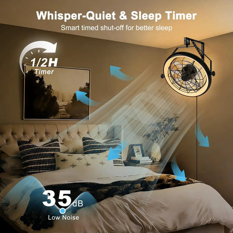 23 Inch Wall Mounted Fan With Light And Remote App Control, 6 Speeds, Quiet Operation, installed above bed, 35 dB noise rating